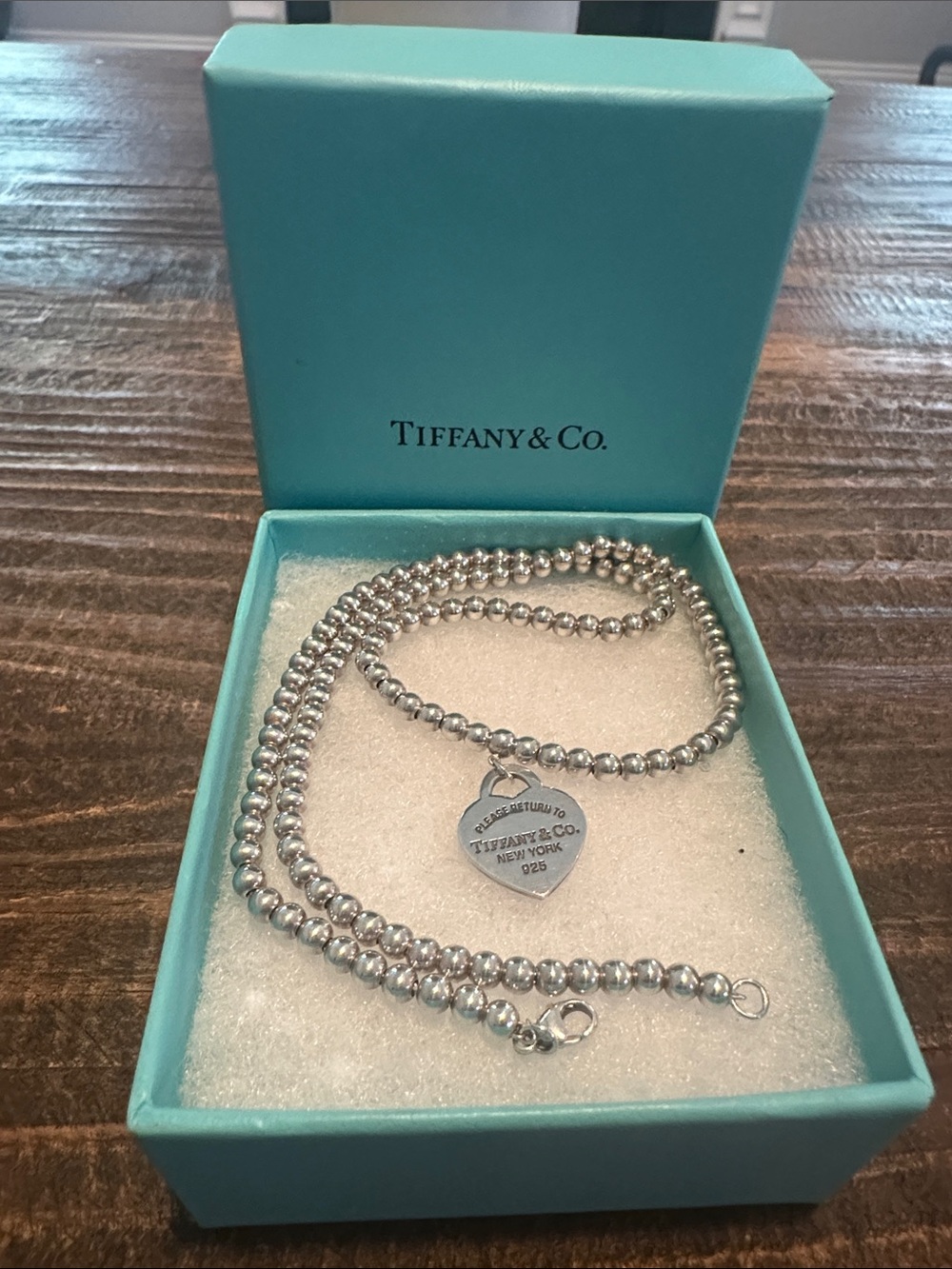 Tiffany & Co. Silver Bead Necklace with Heart Tag in Tiffany Blue Box